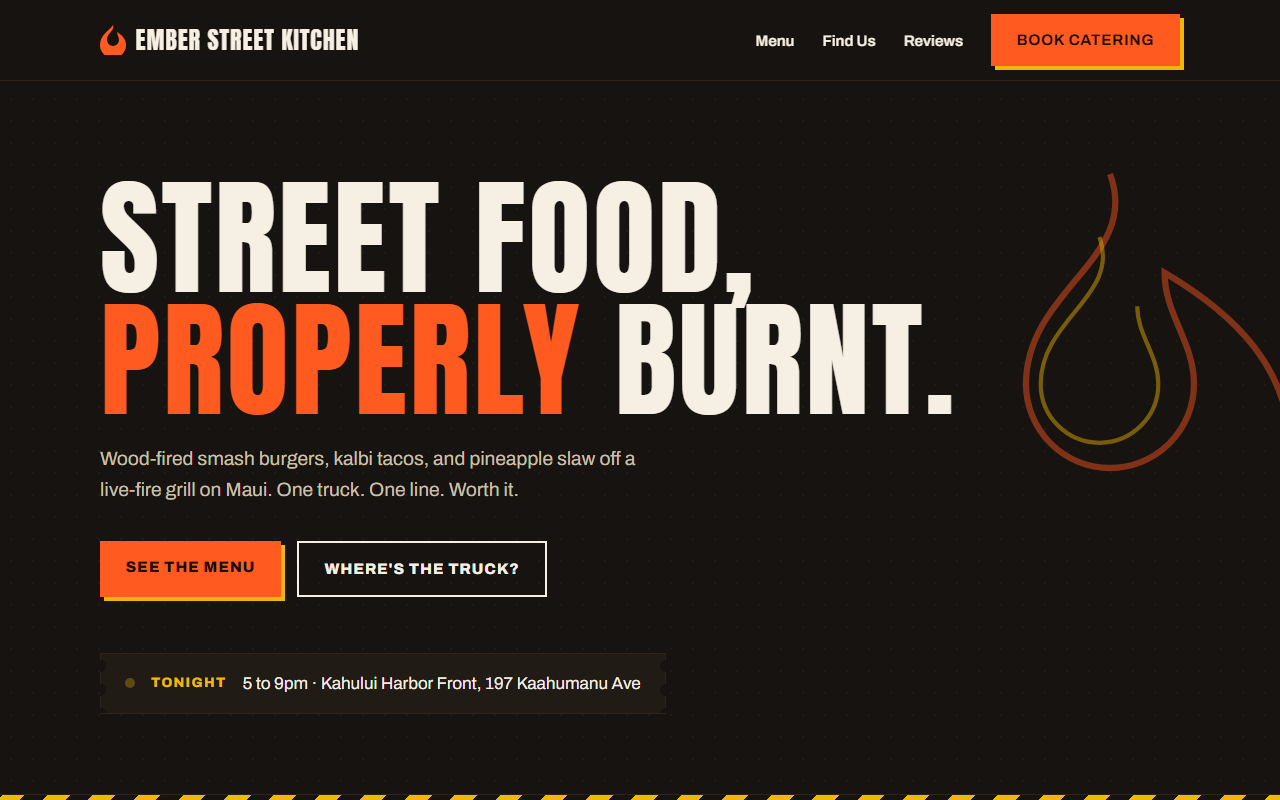 EMBER template preview: dark charcoal food truck site with flame-orange headline reading Street food, properly burnt