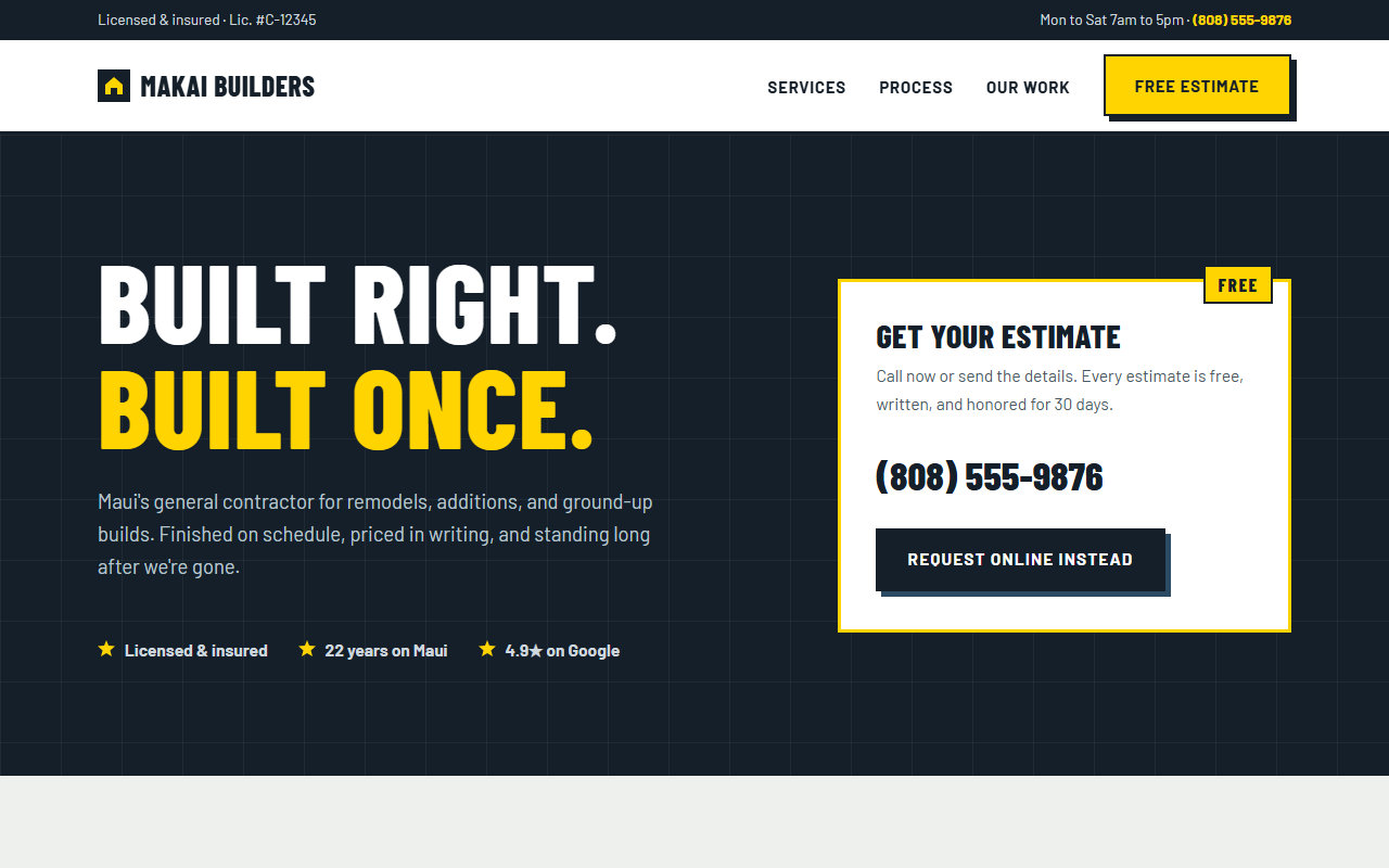 GRIDWORK template preview: navy and safety-yellow contractor site with headline reading Built right, built once