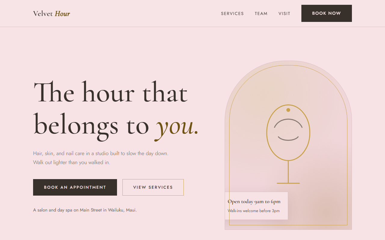 VELVET template preview: rose porcelain salon site with elegant serif headline reading The hour that belongs to you